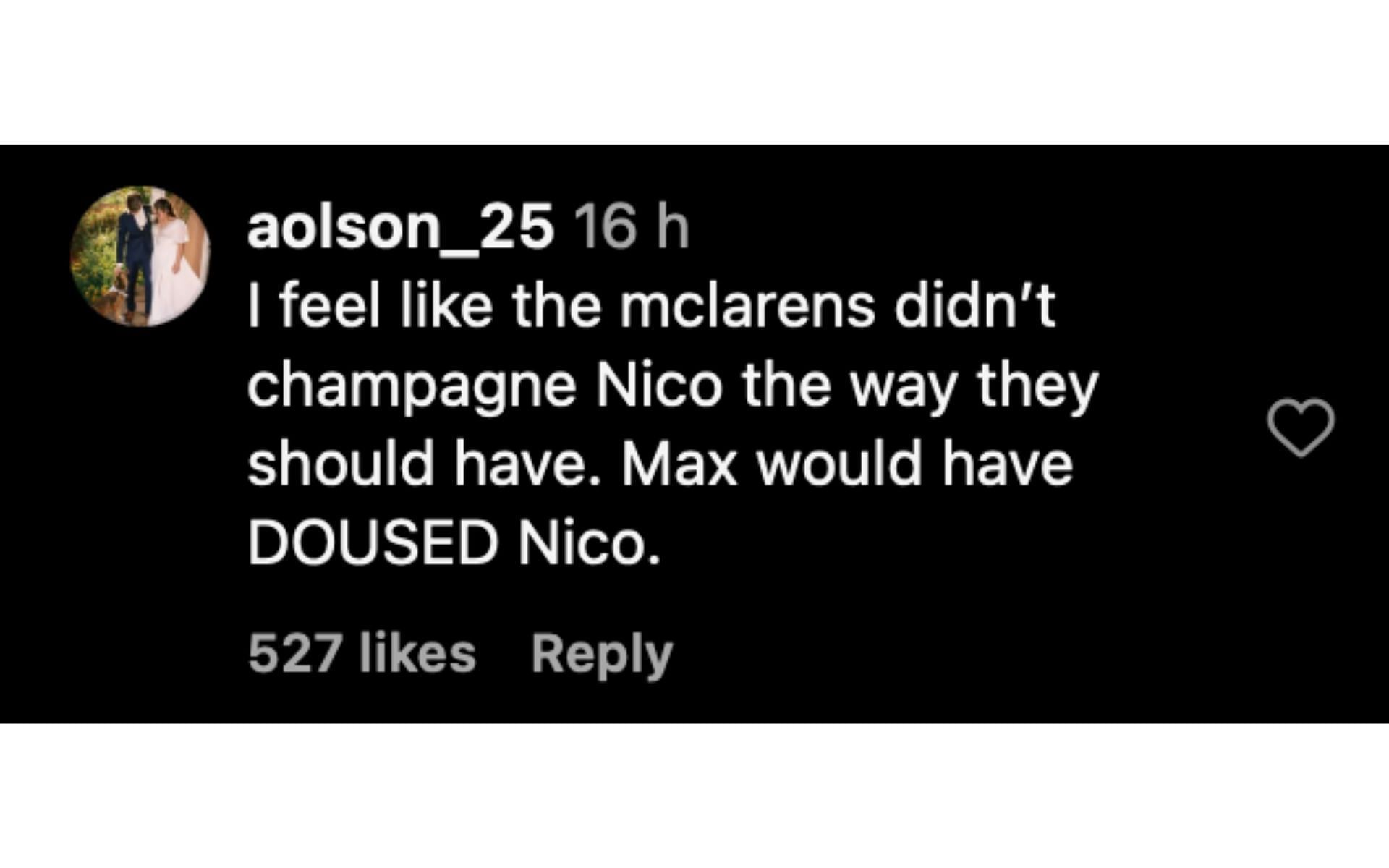 A fan's comment on Verstappen congratulating Hulkenberg for his podium at the British GP | Source: Instagram/@fastforwardnet